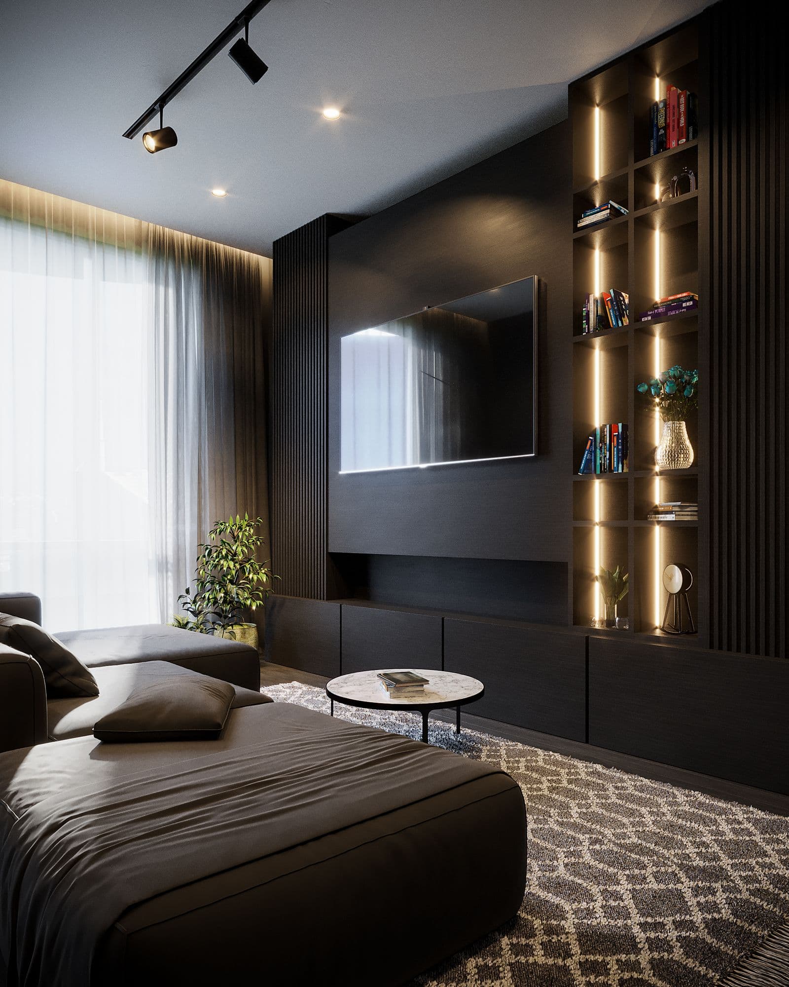 Sleek dark living room with a wall-mounted television and warm ambient lighting, the finish standard for TV installation in Houston
